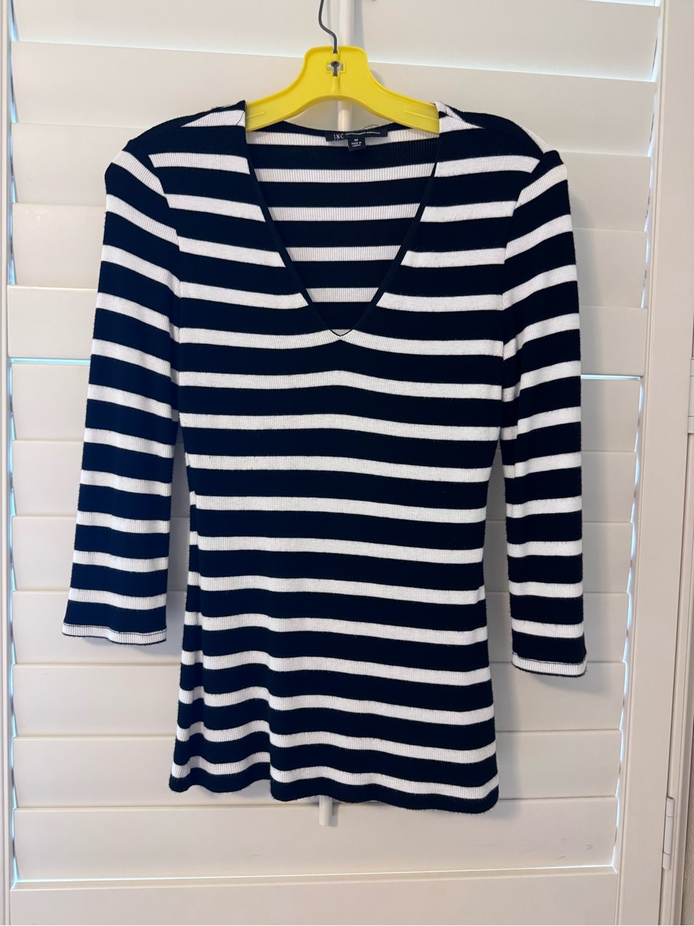INC International Concepts Black and White Striped V-Neck Long Sleeve Top